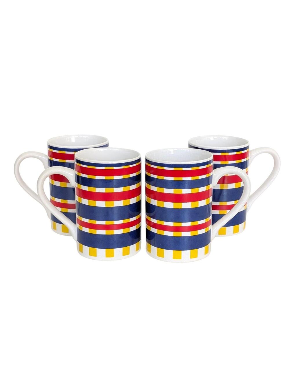1990s Vintage Liz Claiborne Coffee Mugs with Mondrian Inspired Plaid Design